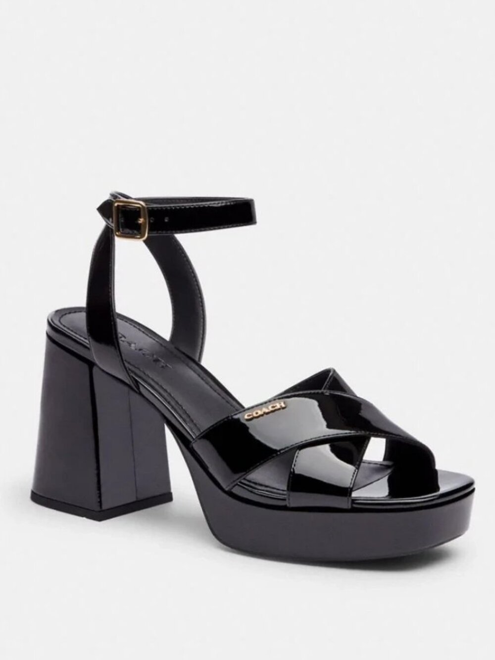 Coach Slingback Sandals Women's Black Ankle Straps Open Toe High Block Heel